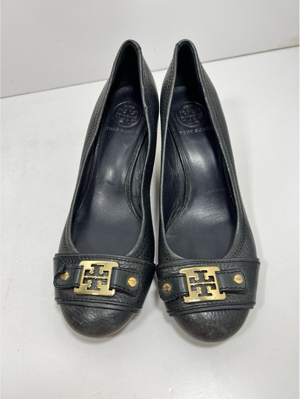 Tory Burch Shoes Gold Logo Sz 8.5 Navy Blue Leather Cork Wedge Shoes